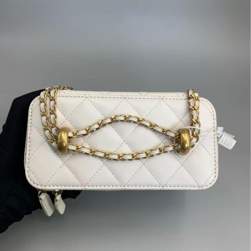 98新 24C Chanel 香奈兒白色雙金珠可調節菱格紋設計皮穿鏈 小牛皮 化妝包-5