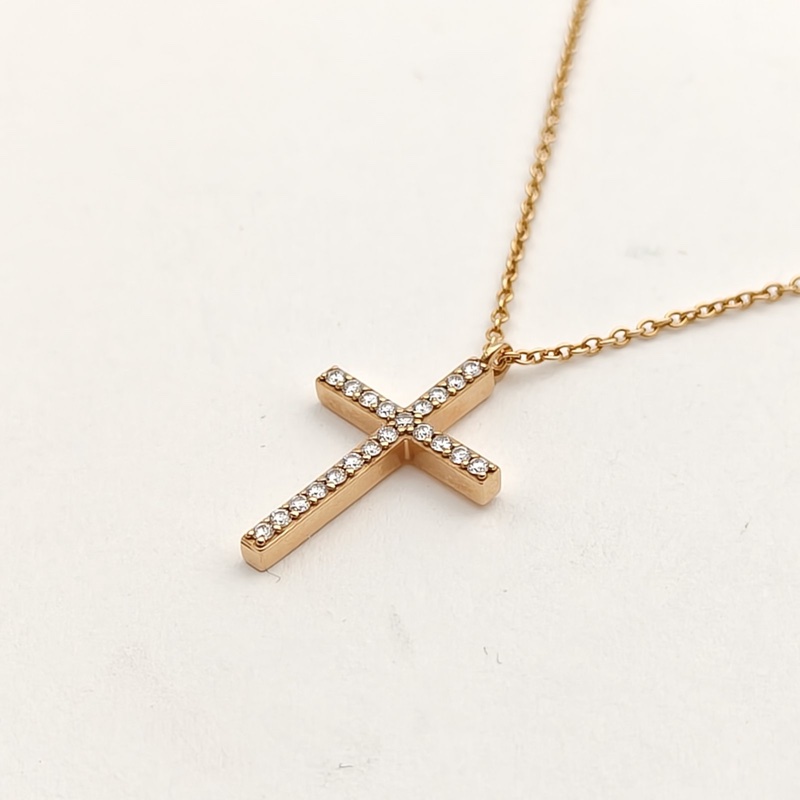 TIFFANY&CO 滿鑽十字架小號18K黃金/鑽石項鏈-1