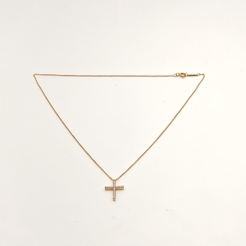 TIFFANY&CO 滿鑽十字架小號18K黃金/鑽石項鏈-4