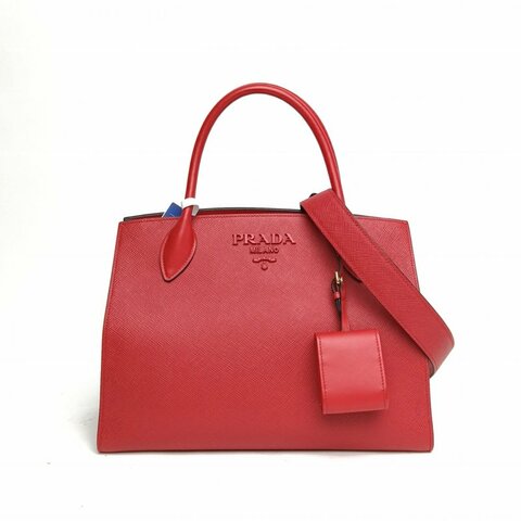 PRADA Monochrome系列手提單肩包紅色牛皮金扣肩背包