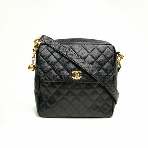 CHANEL 黑色荔枝牛皮2開金扣中古雕花鏈金球相機包肩背包