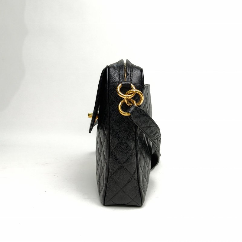 CHANEL 黑色荔枝牛皮2開金扣中古雕花鏈金球相機包肩背包-1