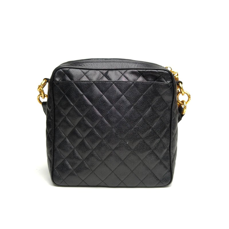 CHANEL 黑色荔枝牛皮2開金扣中古雕花鏈金球相機包肩背包-2
