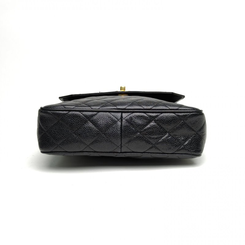 CHANEL 黑色荔枝牛皮2開金扣中古雕花鏈金球相機包肩背包-4