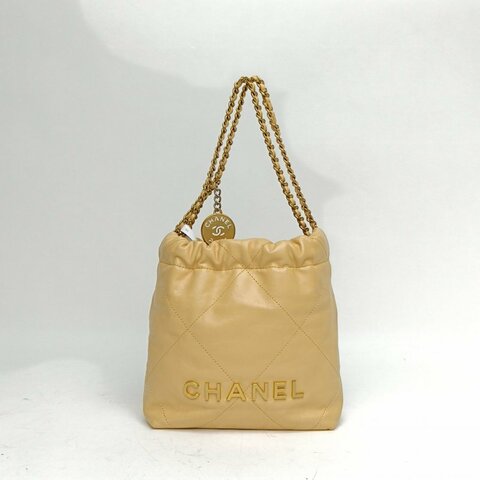 CHANEL 22BagTote托特包Mini黃色牛皮晶片開金扣肩背包