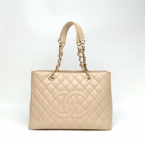 CHANEL GST購物袋小號33奶茶色荔枝牛皮14開金扣肩背包