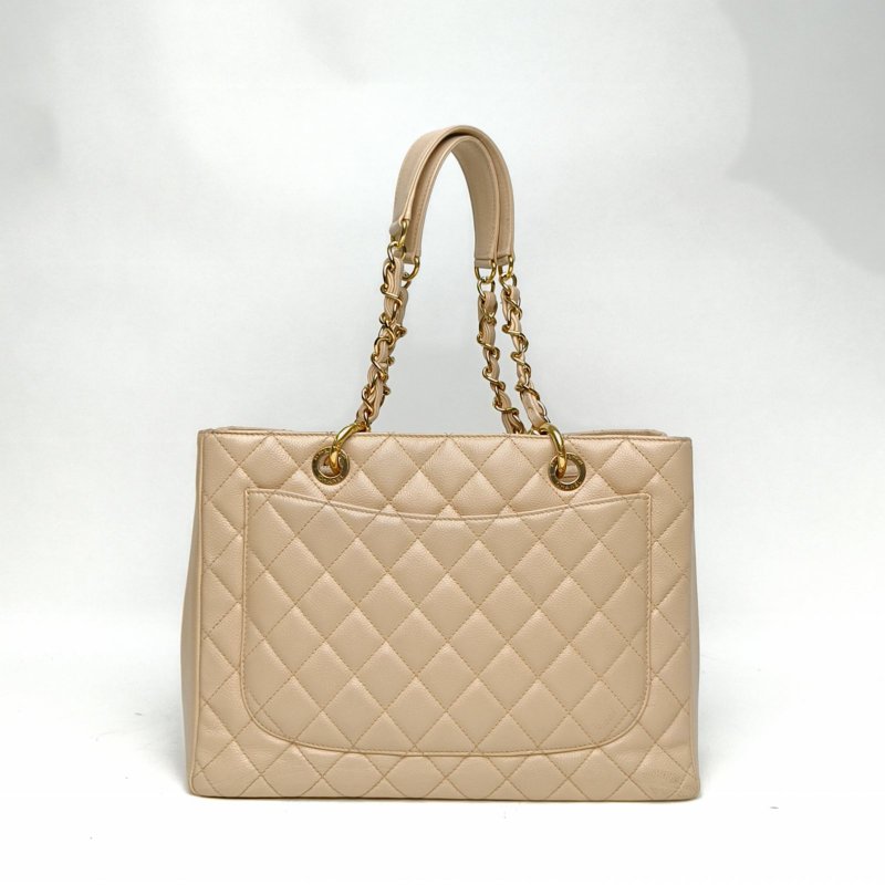 CHANEL GST購物袋小號33奶茶色荔枝牛皮14開金扣肩背包-2