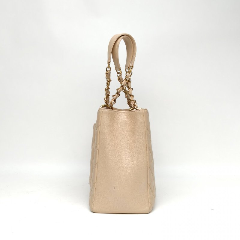 CHANEL GST購物袋小號33奶茶色荔枝牛皮14開金扣肩背包-3