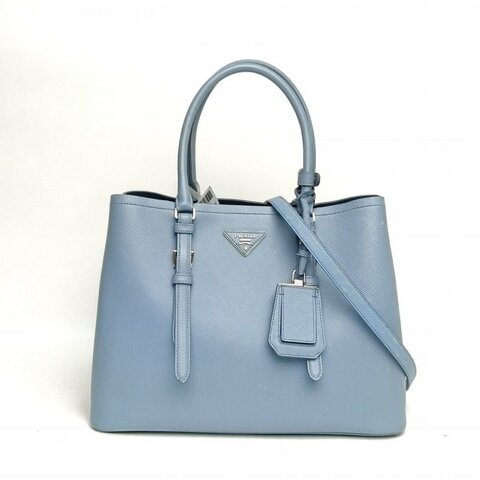 PRADA Double手提單肩包中號藍色牛皮銀扣肩背包
