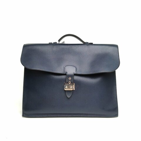 HERMES SacaDepeches公事包41深淵藍EC皮框M銀扣肩背包