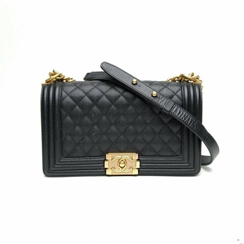 CHANEL Leboy中號黑色荔枝牛皮晶片開金扣菱格紋肩背包