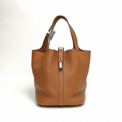 HERMES Picotin22菜籃子37金棕色TC皮T刻銀扣肩背包