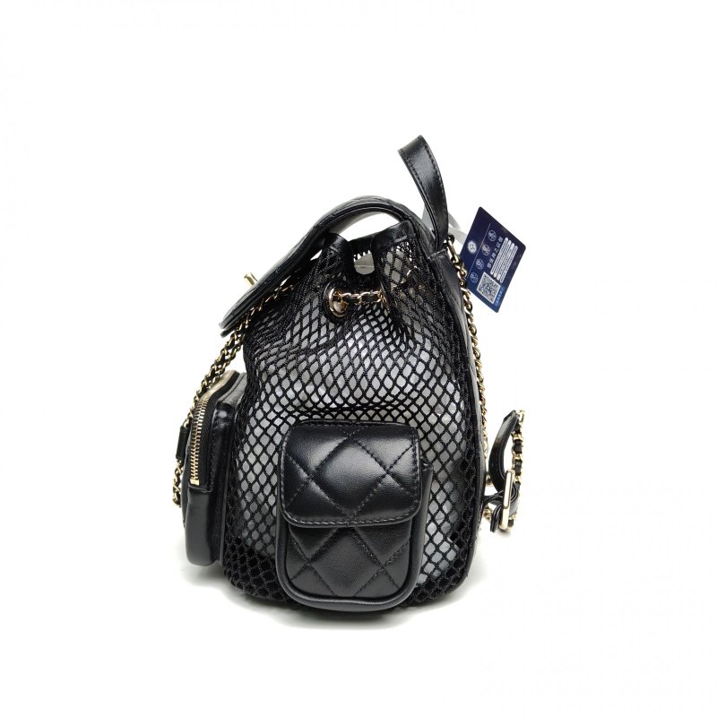 CHANEL 黑色羊皮晶片金扣25S網紗Duma坦克雙肩包小號肩背包-1