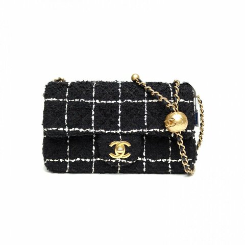 CHANEL CF口蓋包新款硬底大Mini黑色毛呢晶片金球調節扣肩背包