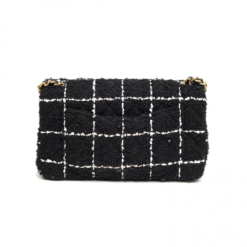 CHANEL CF口蓋包新款硬底大Mini黑色毛呢晶片金球調節扣肩背包-2