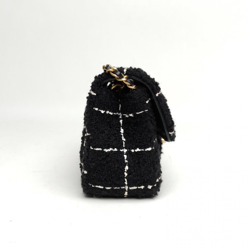 CHANEL CF口蓋包新款硬底大Mini黑色毛呢晶片金球調節扣肩背包-3