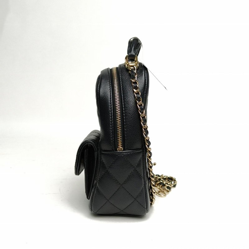 CHANEL 手提前口袋雙肩包黑色荔枝牛皮鐳射標金扣肩背包-1