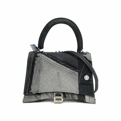BALENCIAGA 黑色牛仔布銀扣Hourglass沙漏M碼肩背包