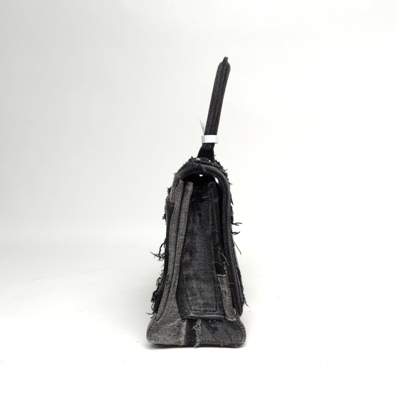 BALENCIAGA 黑色牛仔布銀扣Hourglass沙漏M碼肩背包-3
