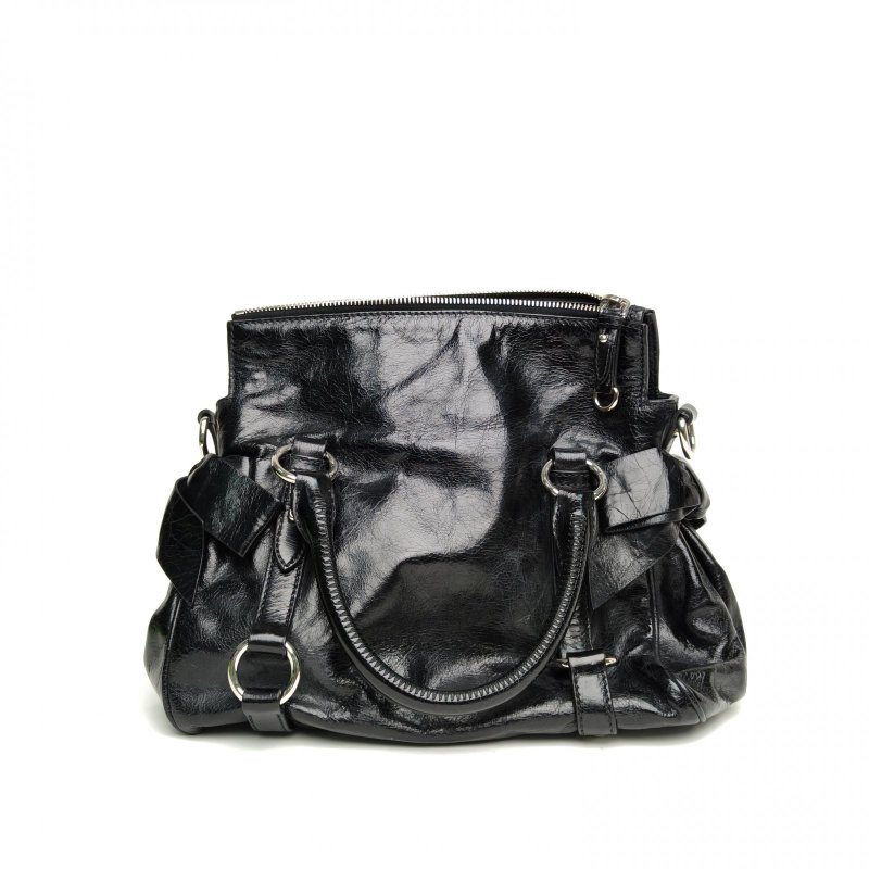 MIU MIU 黑色油蠟皮銀扣miumiu機車包肩背包-2