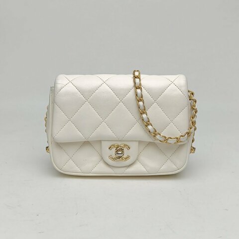 CHANEL 白色羊皮晶片金扣23B滾邊鏈條CF口蓋包方胖子肩背包