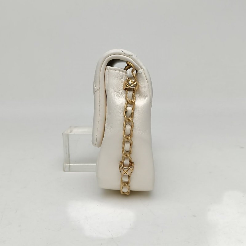 CHANEL 白色羊皮晶片金扣23B滾邊鏈條CF口蓋包方胖子肩背包-1