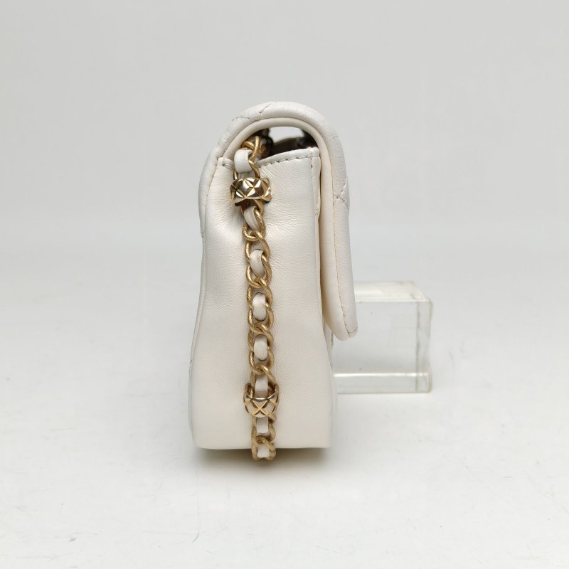 CHANEL 白色羊皮晶片金扣23B滾邊鏈條CF口蓋包方胖子肩背包-3