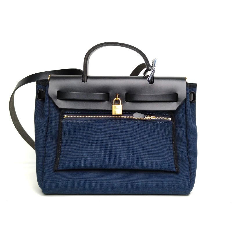 HERMES Herbag31黑色拼海軍藍帆布/牛皮Y刻金扣肩背包-2