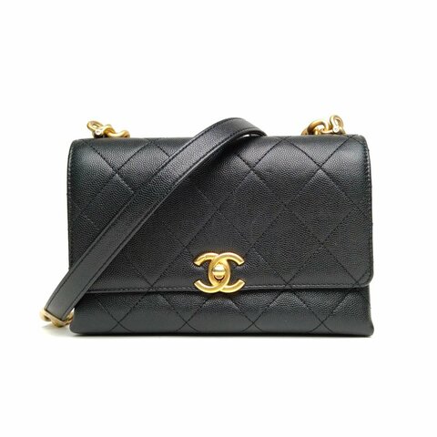 CHANEL 21B口蓋包黑色荔枝牛皮晶片金扣字母LOGO肩背包