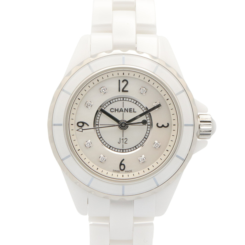 香奈兒 J12 8鑽腕錶，陶瓷錶殼，鑲鑽，女士款，白色錶盤/白色錶殼，H2570-0