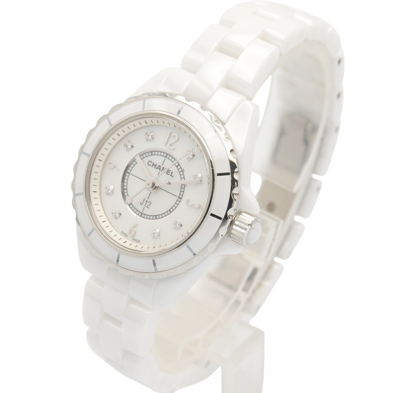 香奈兒 J12 8鑽腕錶，陶瓷錶殼，鑲鑽，女士款，白色錶盤/白色錶殼，H2570-1
