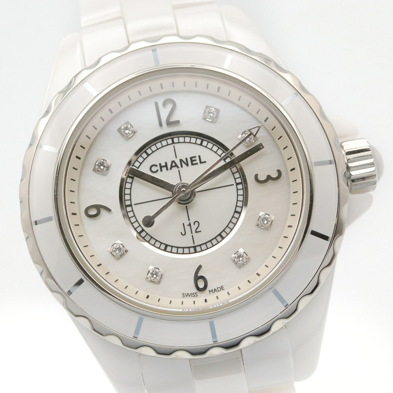 香奈兒 J12 8鑽腕錶，陶瓷錶殼，鑲鑽，女士款，白色錶盤/白色錶殼，H2570-2