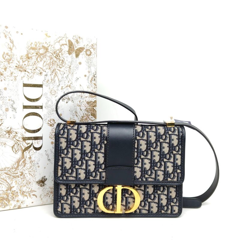 DIOR 30Montaigne蒙田皮肩帶大號藍色金扣印花肩背包-2