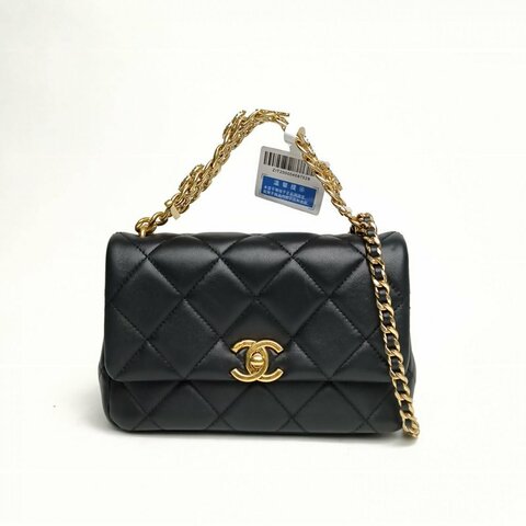 CHANEL CF大mini水鑽鏈條黑色羊皮晶片金扣24C肩背包
