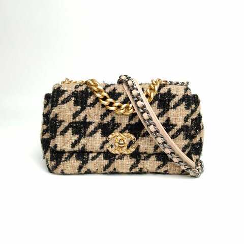 CHANEL 19BAG口蓋包小號26拼色毛呢28開金銀扣肩背包