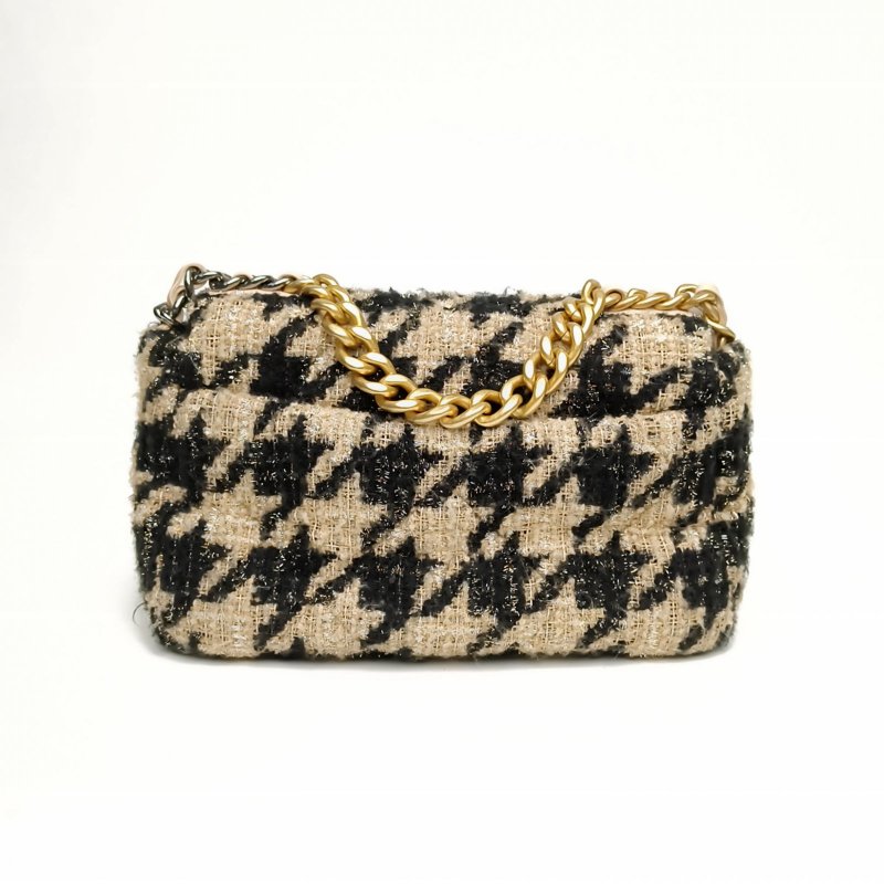CHANEL 19BAG口蓋包小號26拼色毛呢28開金銀扣肩背包-2