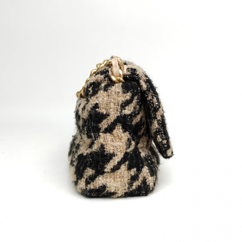 CHANEL 19BAG口蓋包小號26拼色毛呢28開金銀扣肩背包-3