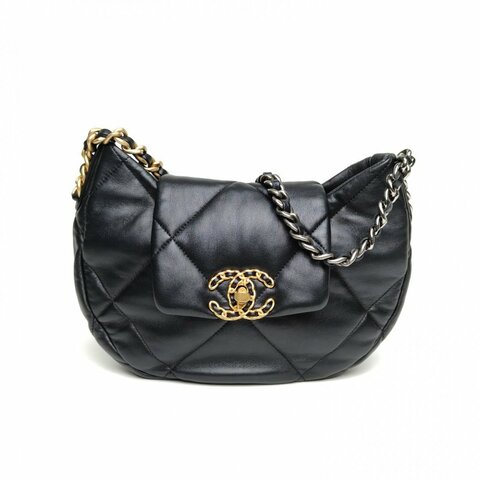 CHANEL 黑色羊皮晶片金銀扣24C19BagHobo半月包腋下包肩背包
