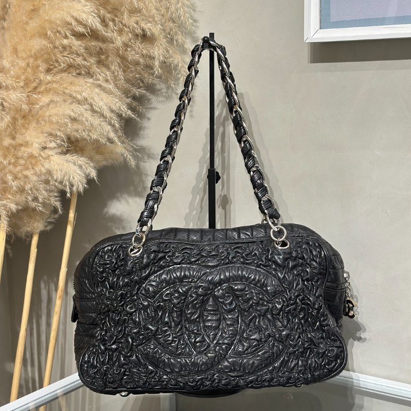 CHANEL 摺皺單肩包 - 黑銀11開-0
