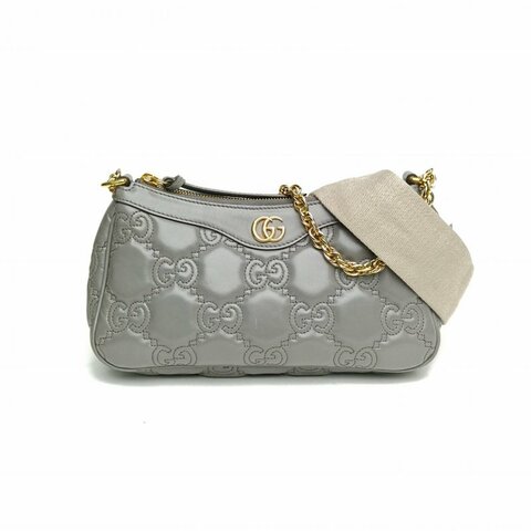GUCCI 灰色牛皮金扣Matelasse提花凸紋麻將包肩背包