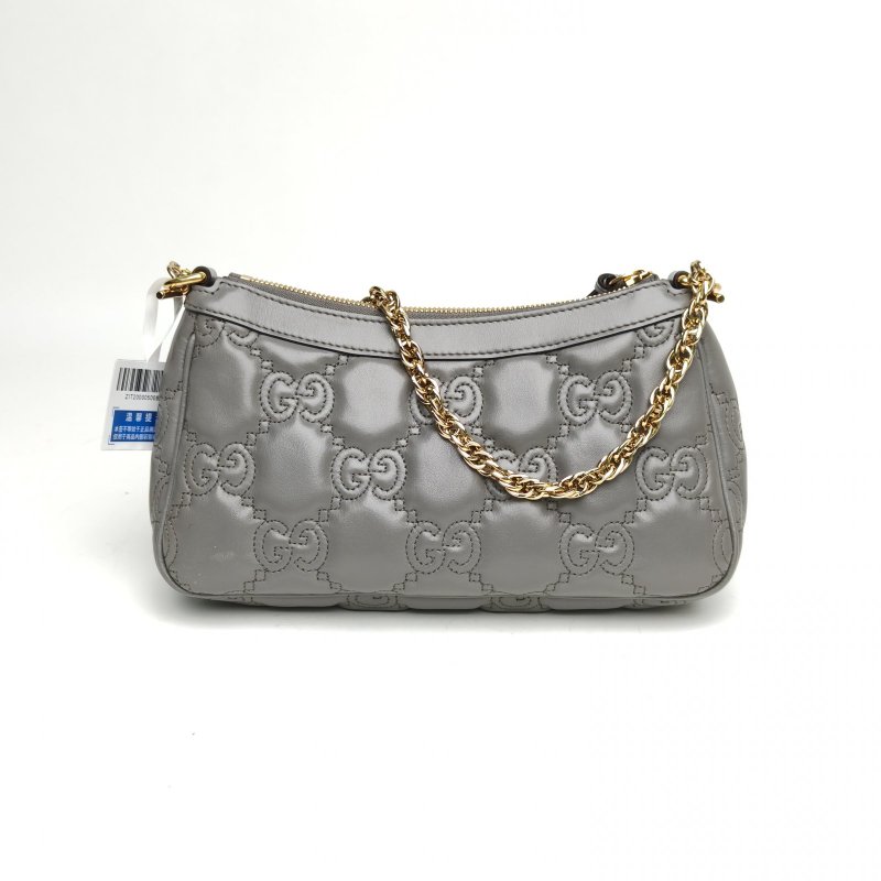 GUCCI 灰色牛皮金扣Matelasse提花凸紋麻將包肩背包-2