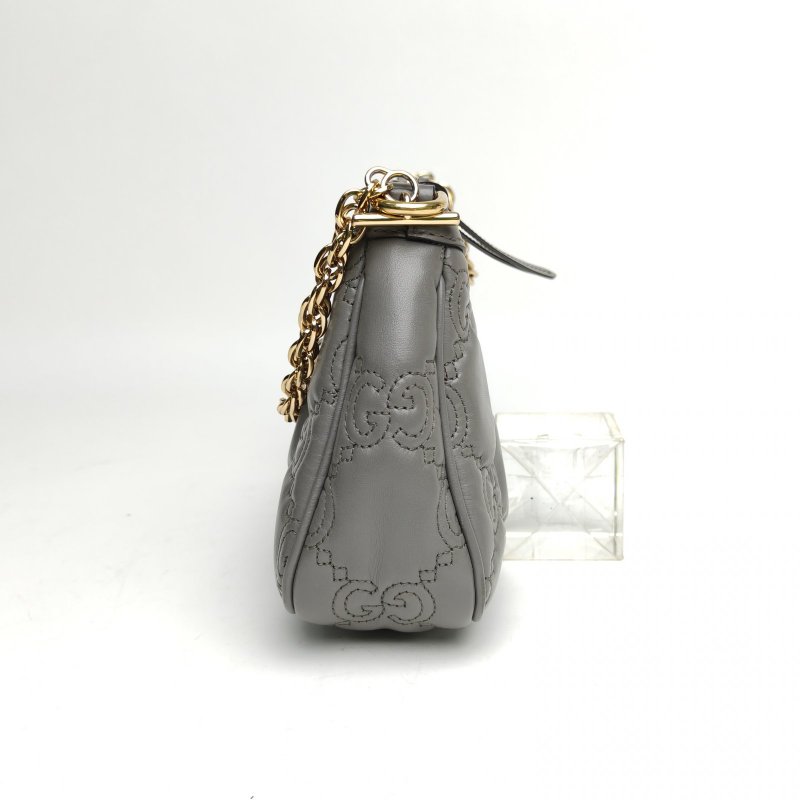 GUCCI 灰色牛皮金扣Matelasse提花凸紋麻將包肩背包-3