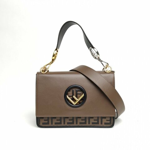 FENDI KANI金標Logo中號老花牛皮金扣肩背包