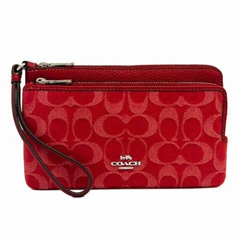 【COACH】C LOGO牛仔布長夾式雙層大手拿包/零錢包(牛仔紅)