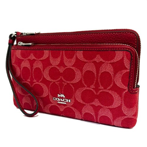 【COACH】C LOGO牛仔布長夾式雙層大手拿包/零錢包(牛仔紅)-1