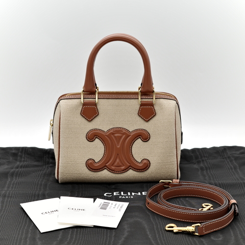 CELINE 思琳 triomphe 波士頓 棕色 帆布 手提 肩背 兩用