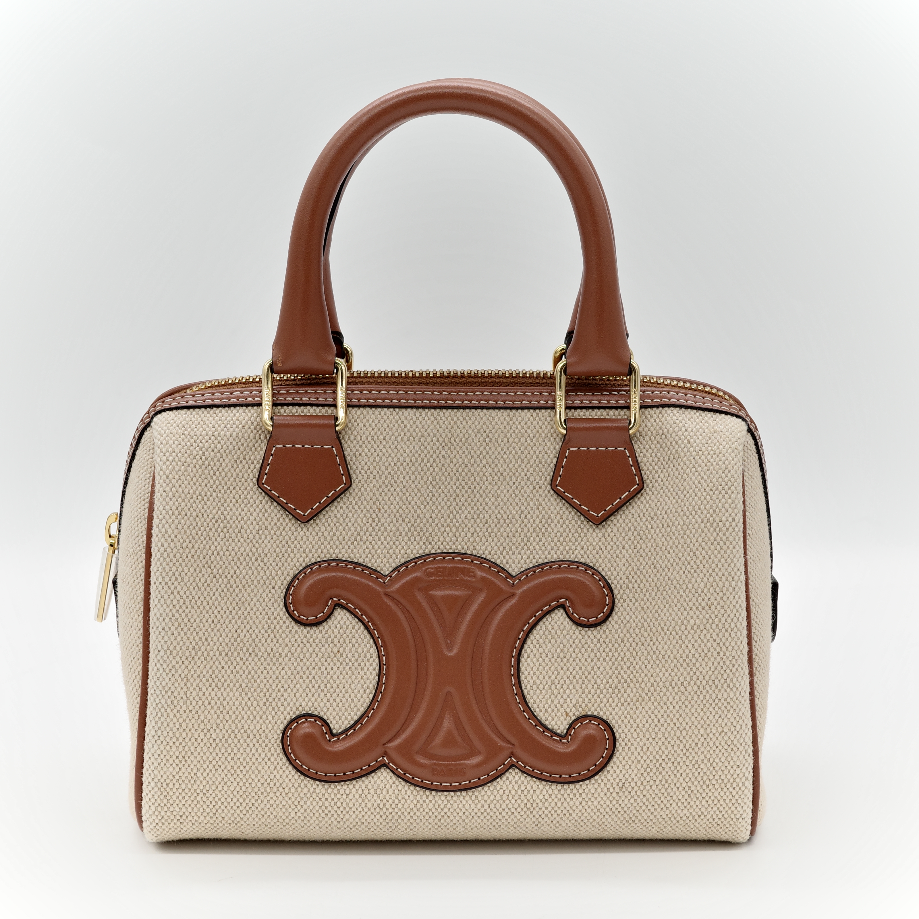 CELINE 思琳 triomphe 波士頓 棕色 帆布 手提 肩背 兩用-1
