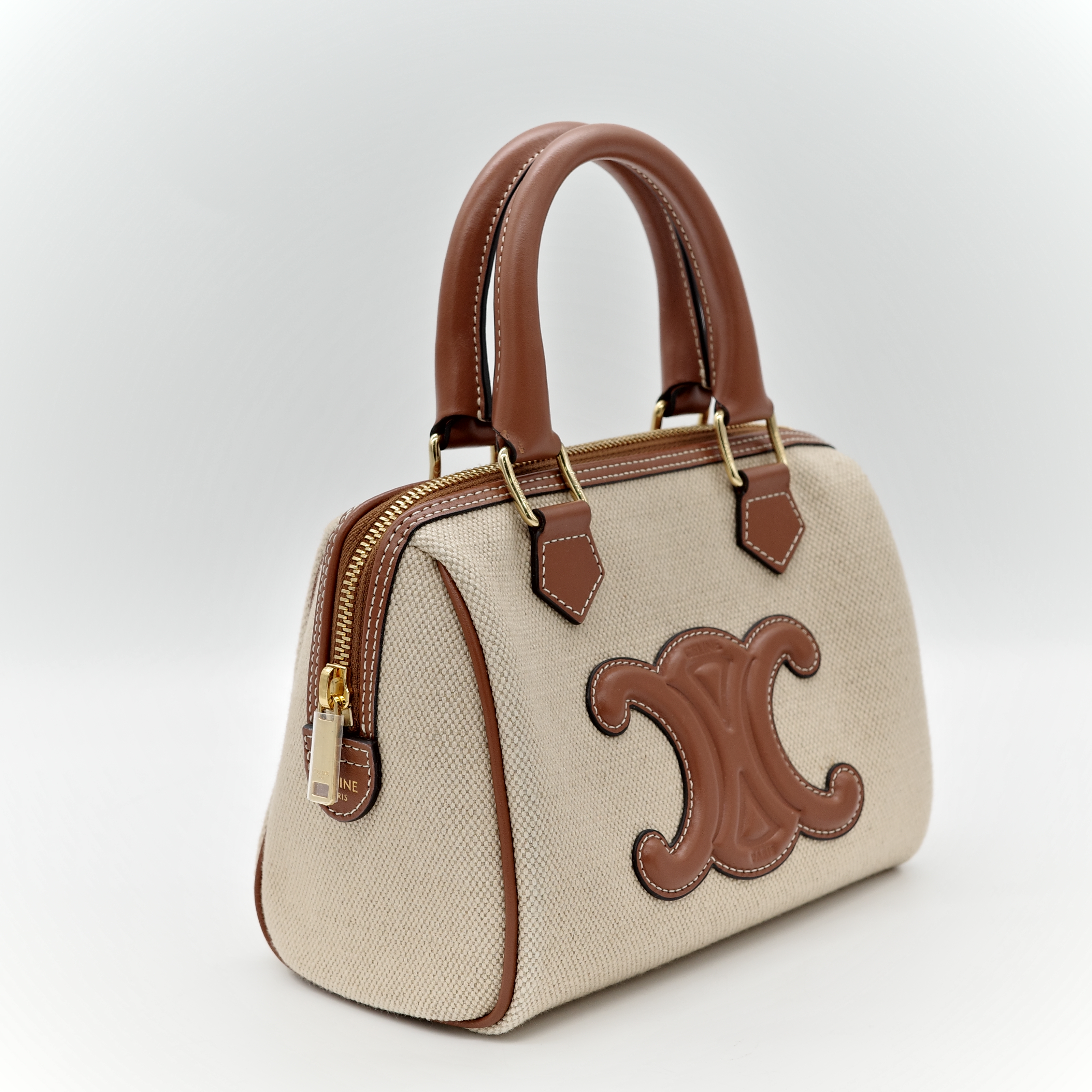 CELINE 思琳 triomphe 波士頓 棕色 帆布 手提 肩背 兩用-2