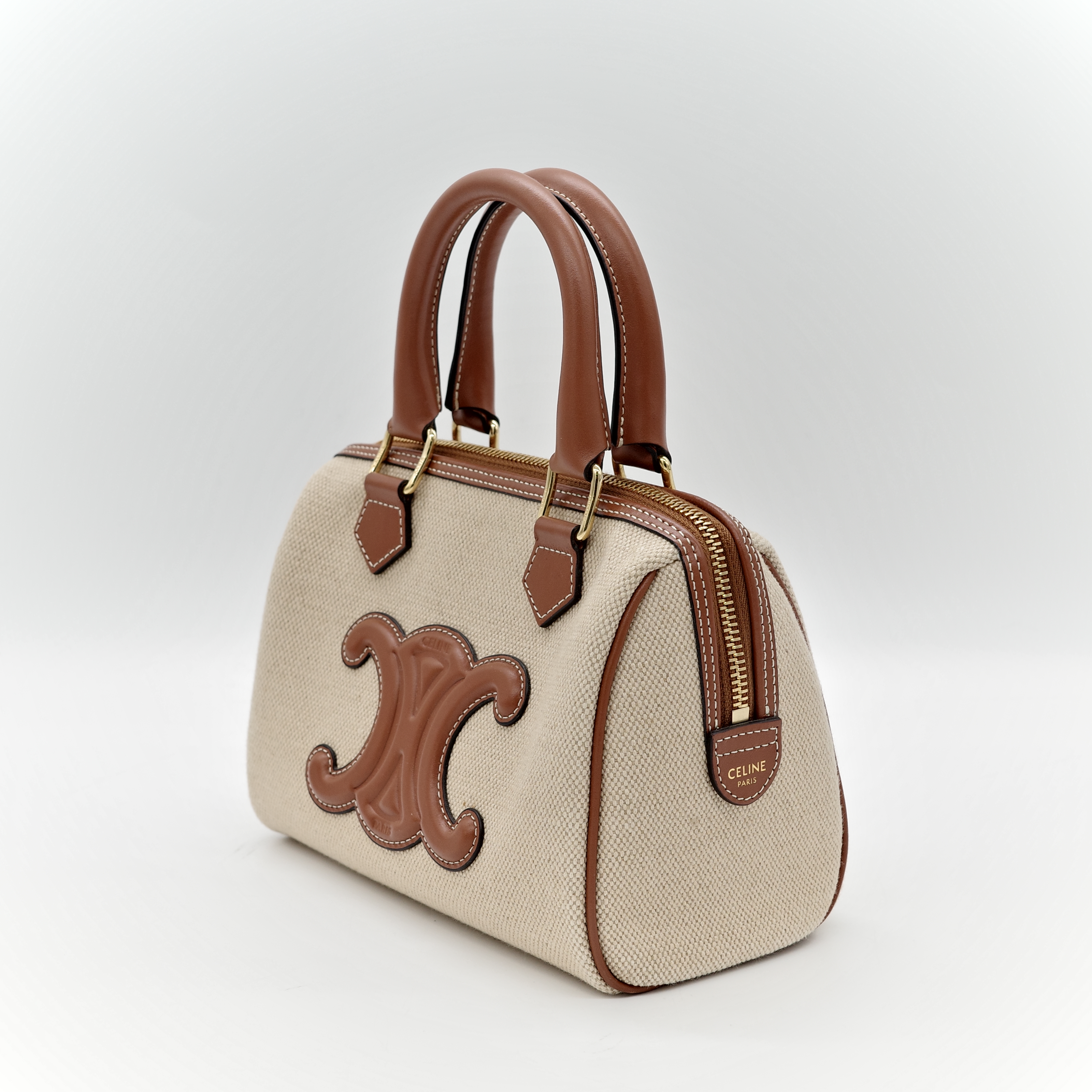 CELINE 思琳 triomphe 波士頓 棕色 帆布 手提 肩背 兩用-3