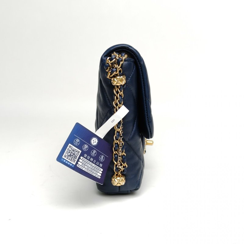 CHANEL 藍色羊皮晶片CF季節款21秋冬藍白珍珠扣鏈條包肩背包-3